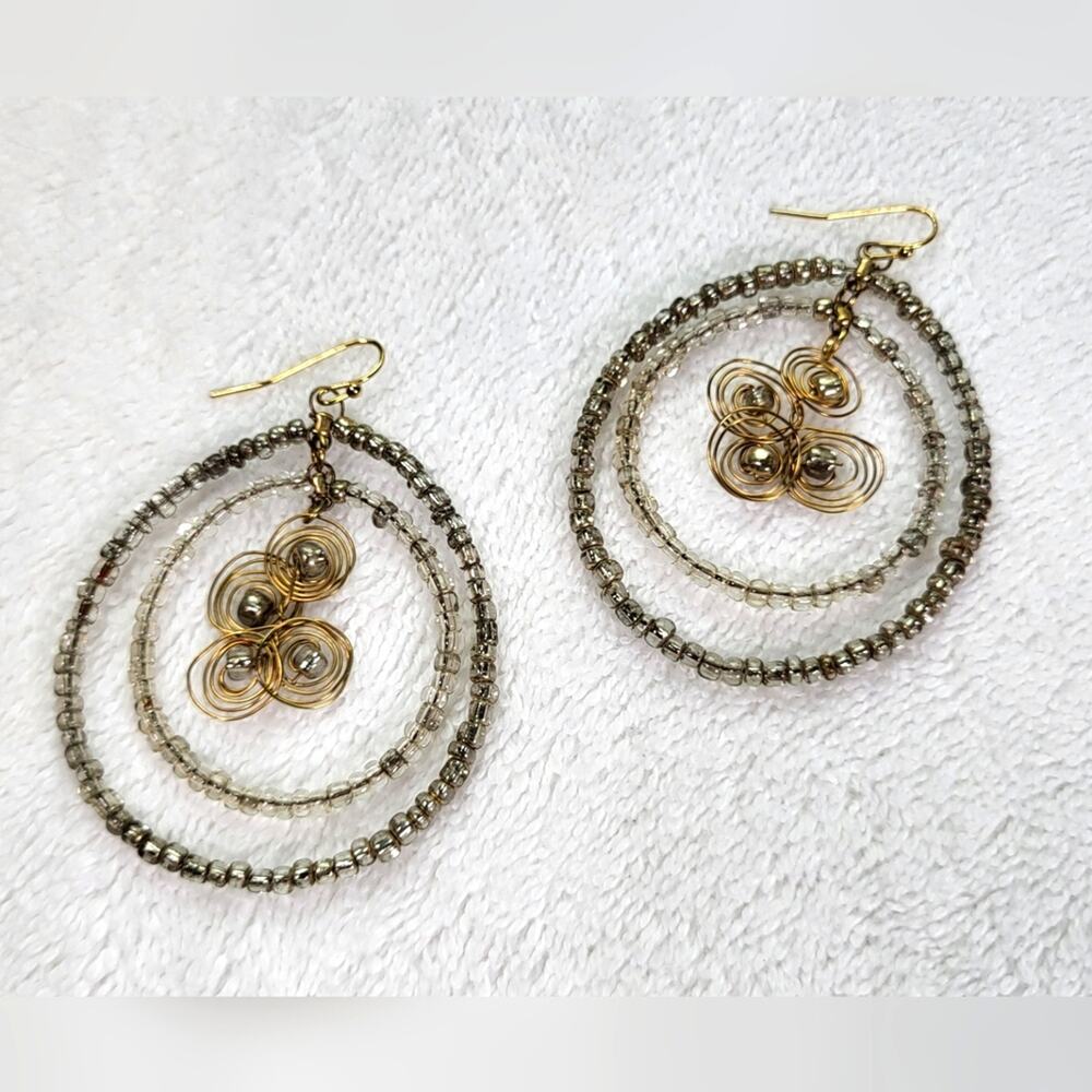 Seed Bead Double Hoops with Wire Accent Dangle Statement Earrings / Pierced - Picture 4 of 9